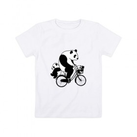 Детская футболка хлопок с принтом Панда на велике в Белгороде, 100% хлопок | круглый вырез горловины, полуприлегающий силуэт, длина до линии бедер | Тематика изображения на принте: велосипед | детеныши панды | животные | медведи | панда | панда катается | панда на велике | три панды | черно белые