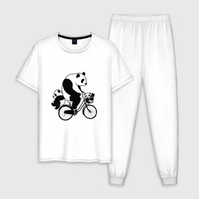 Мужская пижама хлопок с принтом Панда на велике в Белгороде, 100% хлопок | брюки и футболка прямого кроя, без карманов, на брюках мягкая резинка на поясе и по низу штанин
 | Тематика изображения на принте: велосипед | детеныши панды | животные | медведи | панда | панда катается | панда на велике | три панды | черно белые