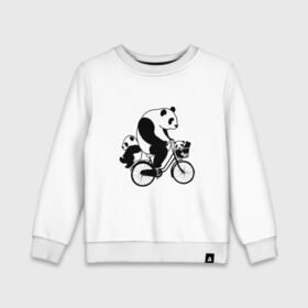 Детский свитшот хлопок с принтом Панда на велике в Белгороде, 100% хлопок | круглый вырез горловины, эластичные манжеты, пояс и воротник | Тематика изображения на принте: велосипед | детеныши панды | животные | медведи | панда | панда катается | панда на велике | три панды | черно белые