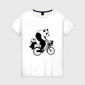 Женская футболка хлопок с принтом Панда на велике в Белгороде, 100% хлопок | прямой крой, круглый вырез горловины, длина до линии бедер, слегка спущенное плечо | велосипед | детеныши панды | животные | медведи | панда | панда катается | панда на велике | три панды | черно белые