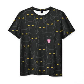 Мужская футболка 3D с принтом Чёрные коты в Белгороде, 100% полиэфир | прямой крой, круглый вырез горловины, длина до линии бедер | black | cat | eyes | halloween | kitten | look | magic | muzzle | mysticism | witch | witchcraft | yellow | ведьма | взгляд | глаза | желтый | колдовство | кот | котёнок | котик | кошачья | магия | мистика | хэллоуин | черный