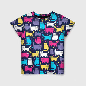 Детская футболка 3D с принтом Разноцветные котики в Белгороде, 100% гипоаллергенный полиэфир | прямой крой, круглый вырез горловины, длина до линии бедер, чуть спущенное плечо, ткань немного тянется | Тематика изображения на принте: blue | cat | colorful | cool | dots | kitten | paws | pink | tail | torso | white | yellow | белый | желтый | кот | котёнок | котик | котэ | кошка | лапы | прикольный | разноцветный | розовый | синий | точки | туловище | хвост