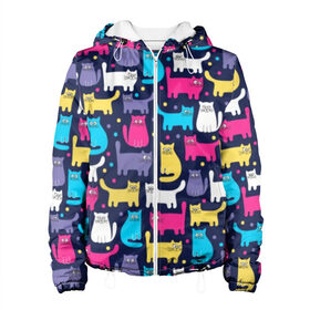Женская куртка 3D с принтом Разноцветные котики в Белгороде, ткань верха — 100% полиэстер, подклад — флис | прямой крой, подол и капюшон оформлены резинкой с фиксаторами, два кармана без застежек по бокам, один большой потайной карман на груди. Карман на груди застегивается на липучку | blue | cat | colorful | cool | dots | kitten | paws | pink | tail | torso | white | yellow | белый | желтый | кот | котёнок | котик | котэ | кошка | лапы | прикольный | разноцветный | розовый | синий | точки | туловище | хвост