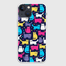 Чехол для iPhone 13 mini с принтом Разноцветные котики в Белгороде,  |  | blue | cat | colorful | cool | dots | kitten | paws | pink | tail | torso | white | yellow | белый | желтый | кот | котёнок | котик | котэ | кошка | лапы | прикольный | разноцветный | розовый | синий | точки | туловище | хвост
