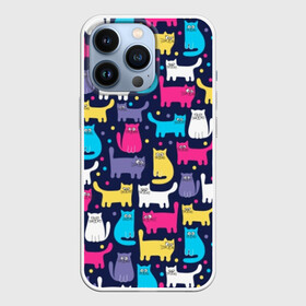 Чехол для iPhone 13 Pro с принтом Разноцветные котики в Белгороде,  |  | blue | cat | colorful | cool | dots | kitten | paws | pink | tail | torso | white | yellow | белый | желтый | кот | котёнок | котик | котэ | кошка | лапы | прикольный | разноцветный | розовый | синий | точки | туловище | хвост