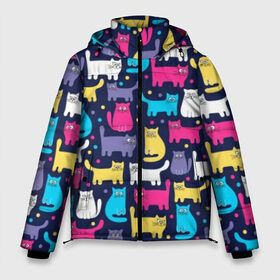 Мужская зимняя куртка 3D с принтом Разноцветные котики в Белгороде, верх — 100% полиэстер; подкладка — 100% полиэстер; утеплитель — 100% полиэстер | длина ниже бедра, свободный силуэт Оверсайз. Есть воротник-стойка, отстегивающийся капюшон и ветрозащитная планка. 

Боковые карманы с листочкой на кнопках и внутренний карман на молнии. | Тематика изображения на принте: blue | cat | colorful | cool | dots | kitten | paws | pink | tail | torso | white | yellow | белый | желтый | кот | котёнок | котик | котэ | кошка | лапы | прикольный | разноцветный | розовый | синий | точки | туловище | хвост