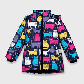 Зимняя куртка для девочек 3D с принтом Разноцветные котики в Белгороде, ткань верха — 100% полиэстер; подклад — 100% полиэстер, утеплитель — 100% полиэстер. | длина ниже бедра, удлиненная спинка, воротник стойка и отстегивающийся капюшон. Есть боковые карманы с листочкой на кнопках, утяжки по низу изделия и внутренний карман на молнии. 

Предусмотрены светоотражающий принт на спинке, радужный светоотражающий элемент на пуллере молнии и на резинке для утяжки. | blue | cat | colorful | cool | dots | kitten | paws | pink | tail | torso | white | yellow | белый | желтый | кот | котёнок | котик | котэ | кошка | лапы | прикольный | разноцветный | розовый | синий | точки | туловище | хвост
