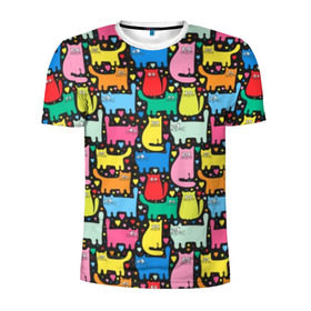 Мужская футболка 3D спортивная с принтом Разноцветные котики в Белгороде, 100% полиэстер с улучшенными характеристиками | приталенный силуэт, круглая горловина, широкие плечи, сужается к линии бедра | Тематика изображения на принте: blue | cat | cool | green | heart | kitten | multi colored | paws | pink | points | red | tail | torso | white | yellow | белый | желтый | зеленый | кот | котёнок | котик | котэ | кошка | красный | лапы | прикольный | разноцветный | розовый | се