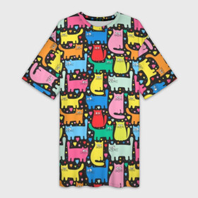 Платье-футболка 3D с принтом Разноцветные котики в Белгороде,  |  | blue | cat | cool | green | heart | kitten | multi colored | paws | pink | points | red | tail | torso | white | yellow | белый | желтый | зеленый | кот | котёнок | котик | котэ | кошка | красный | лапы | прикольный | разноцветный | розовый | се