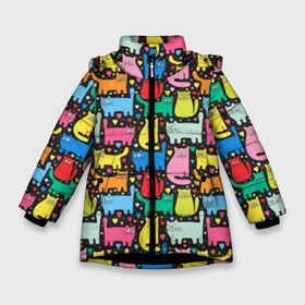 Зимняя куртка для девочек 3D с принтом Разноцветные котики в Белгороде, ткань верха — 100% полиэстер; подклад — 100% полиэстер, утеплитель — 100% полиэстер. | длина ниже бедра, удлиненная спинка, воротник стойка и отстегивающийся капюшон. Есть боковые карманы с листочкой на кнопках, утяжки по низу изделия и внутренний карман на молнии. 

Предусмотрены светоотражающий принт на спинке, радужный светоотражающий элемент на пуллере молнии и на резинке для утяжки. | blue | cat | cool | green | heart | kitten | multi colored | paws | pink | points | red | tail | torso | white | yellow | белый | желтый | зеленый | кот | котёнок | котик | котэ | кошка | красный | лапы | прикольный | разноцветный | розовый | се