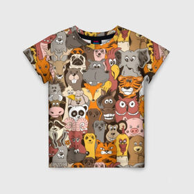 Детская футболка 3D с принтом Прикольные зверушки в Белгороде, 100% гипоаллергенный полиэфир | прямой крой, круглый вырез горловины, длина до линии бедер, чуть спущенное плечо, ткань немного тянется | Тематика изображения на принте: bear | cat | dinosaur | dog | elephant | giraffe | monkey | owl | panda | penguin | pig | tiger | баран | бегемот | белка | динозавр | животное | жираф | заяц | звери | зверушки | кот | лев | лиса | лошадь | медведь | олень | осел | панда | петух