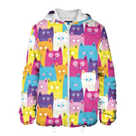 Мужская куртка 3D с принтом Разноцветные котики в Белгороде, ткань верха — 100% полиэстер, подклад — флис | прямой крой, подол и капюшон оформлены резинкой с фиксаторами, два кармана без застежек по бокам, один большой потайной карман на груди. Карман на груди застегивается на липучку | Тематика изображения на принте: blue | cat | colorful | cool | cute | funny | kitten | orange | paws | pink | purple | smile | tail | torso | white | yellow | белый | желтый | забавный | кот | котёнок | котик | котэ | кошка | лапы | милый | оранжевый | прикольный | разноцветны