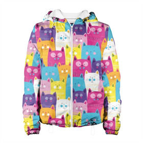 Женская куртка 3D с принтом Разноцветные котики в Белгороде, ткань верха — 100% полиэстер, подклад — флис | прямой крой, подол и капюшон оформлены резинкой с фиксаторами, два кармана без застежек по бокам, один большой потайной карман на груди. Карман на груди застегивается на липучку | blue | cat | colorful | cool | cute | funny | kitten | orange | paws | pink | purple | smile | tail | torso | white | yellow | белый | желтый | забавный | кот | котёнок | котик | котэ | кошка | лапы | милый | оранжевый | прикольный | разноцветны