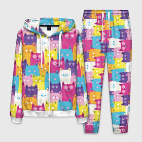 Мужской костюм 3D с принтом Разноцветные котики в Белгороде, 100% полиэстер | Манжеты и пояс оформлены тканевой резинкой, двухслойный капюшон со шнурком для регулировки, карманы спереди | blue | cat | colorful | cool | cute | funny | kitten | orange | paws | pink | purple | smile | tail | torso | white | yellow | белый | желтый | забавный | кот | котёнок | котик | котэ | кошка | лапы | милый | оранжевый | прикольный | разноцветны