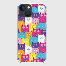 Чехол для iPhone 13 mini с принтом Разноцветные котики в Белгороде,  |  | blue | cat | colorful | cool | cute | funny | kitten | orange | paws | pink | purple | smile | tail | torso | white | yellow | белый | желтый | забавный | кот | котёнок | котик | котэ | кошка | лапы | милый | оранжевый | прикольный | разноцветны