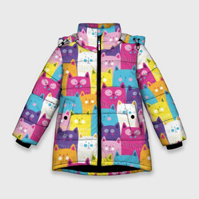 Зимняя куртка для девочек 3D с принтом Разноцветные котики в Белгороде, ткань верха — 100% полиэстер; подклад — 100% полиэстер, утеплитель — 100% полиэстер. | длина ниже бедра, удлиненная спинка, воротник стойка и отстегивающийся капюшон. Есть боковые карманы с листочкой на кнопках, утяжки по низу изделия и внутренний карман на молнии. 

Предусмотрены светоотражающий принт на спинке, радужный светоотражающий элемент на пуллере молнии и на резинке для утяжки. | blue | cat | colorful | cool | cute | funny | kitten | orange | paws | pink | purple | smile | tail | torso | white | yellow | белый | желтый | забавный | кот | котёнок | котик | котэ | кошка | лапы | милый | оранжевый | прикольный | разноцветны
