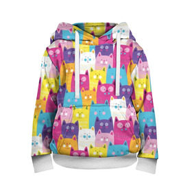 Детская толстовка 3D с принтом Разноцветные котики в Белгороде, 100% полиэстер | двухслойный капюшон со шнурком для регулировки, мягкие манжеты на рукавах и по низу толстовки, спереди карман-кенгуру с мягким внутренним слоем | Тематика изображения на принте: blue | cat | colorful | cool | cute | funny | kitten | orange | paws | pink | purple | smile | tail | torso | white | yellow | белый | желтый | забавный | кот | котёнок | котик | котэ | кошка | лапы | милый | оранжевый | прикольный | разноцветны
