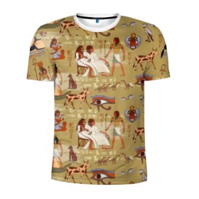 Мужская футболка 3D спортивная с принтом Египетские Боги в Белгороде, 100% полиэстер с улучшенными характеристиками | приталенный силуэт, круглая горловина, широкие плечи, сужается к линии бедра | beetle | boat | cat | cow | egypt | eye | falcon | gods | hieroglyph | osiris | papyrus | pharaoh | ra | river | scarab | styx | боги | глаз | египет | жук | иероглиф | корова | кот | лодка | око | осирис | папирус | ра | река | скарабей | сокол | стикс |