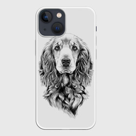 Чехол для iPhone 13 mini с принтом Кокер спаниель в Белгороде,  |  | Тематика изображения на принте: animal | black | breed | cocker spaniel | cool | dog | eyes | interesting | look | muzzle | white | wool | белый | взгляд | глаза | животное | интересный | кокер спаниель | пёс | порода | прикольный | псина | собака | собакен | черный | шерсть