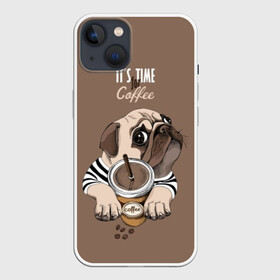 Чехол для iPhone 13 с принтом It s time for coffee в Белгороде,  |  | Тематика изображения на принте: attractive face | breed | chocolate | coffee | cream | cute | dog | glance | motto | paws | pug | slogan | text | взгляд | девиз | кофе | кремовый | лапы | милый | мопс | пёс | порода | слоган | собака | текст | шоколадный