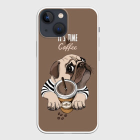 Чехол для iPhone 13 mini с принтом It s time for coffee в Белгороде,  |  | Тематика изображения на принте: attractive face | breed | chocolate | coffee | cream | cute | dog | glance | motto | paws | pug | slogan | text | взгляд | девиз | кофе | кремовый | лапы | милый | мопс | пёс | порода | слоган | собака | текст | шоколадный