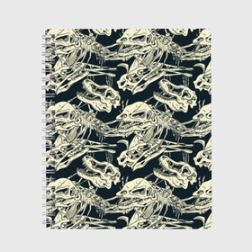 Тетрадь с принтом Черепа динозавров в Белгороде, 100% бумага | 48 листов, плотность листов — 60 г/м2, плотность картонной обложки — 250 г/м2. Листы скреплены сбоку удобной пружинной спиралью. Уголки страниц и обложки скругленные. Цвет линий — светло-серый
 | animal | black | dinosaur | predator | skeleton | skull | white | белый | динозавр | животное | скелет | хищник | череп | черный