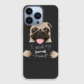 Чехол для iPhone 13 Pro с принтом I need my “reward” в Белгороде,  |  | animal | breed | dog | eyes | funny | gray | look | muzzle | pug | slogan | text | взгляд | глаза | животное | забавный | мопс | порода | серый | слоган | собака | текст