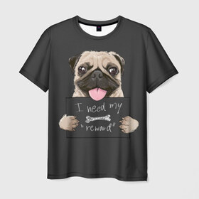 Мужская футболка 3D с принтом I need my “reward” в Белгороде, 100% полиэфир | прямой крой, круглый вырез горловины, длина до линии бедер | Тематика изображения на принте: animal | breed | dog | eyes | funny | gray | look | muzzle | pug | slogan | text | взгляд | глаза | животное | забавный | мопс | порода | серый | слоган | собака | текст