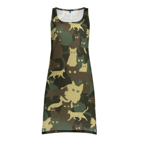 Платье-майка 3D с принтом Кошачий камуфляж в Белгороде, 100% полиэстер | полуприлегающий силуэт, широкие бретели, круглый вырез горловины, удлиненный подол сзади. | animal | camouflage | cat | funny | green | khaki | marsh | silhouette | болотный | животное | забавный | зеленый | камуфляж | кот | котик | силуэт | хаки
