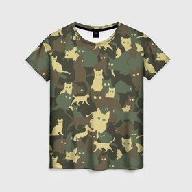 Женская футболка 3D с принтом Кошачий камуфляж в Белгороде, 100% полиэфир ( синтетическое хлопкоподобное полотно) | прямой крой, круглый вырез горловины, длина до линии бедер | animal | camouflage | cat | funny | green | khaki | marsh | silhouette | болотный | животное | забавный | зеленый | камуфляж | кот | котик | силуэт | хаки