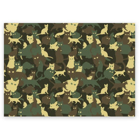 Поздравительная открытка с принтом Кошачий камуфляж в Белгороде, 100% бумага | плотность бумаги 280 г/м2, матовая, на обратной стороне линовка и место для марки
 | animal | camouflage | cat | funny | green | khaki | marsh | silhouette | болотный | животное | забавный | зеленый | камуфляж | кот | котик | силуэт | хаки