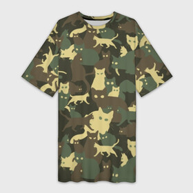 Платье-футболка 3D с принтом Кошачий камуфляж в Белгороде,  |  | animal | camouflage | cat | funny | green | khaki | marsh | silhouette | болотный | животное | забавный | зеленый | камуфляж | кот | котик | силуэт | хаки