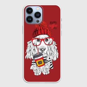 Чехол для iPhone 13 Pro Max с принтом Happy coffee day в Белгороде,  |  | animal | breed | coffee | coffee lover | dog | hat | red | slogan | spaniel | text | white | белый | животное | кофе | кофеман | красный | очки | порода | слоган | собака | спаниель | текст | шапка