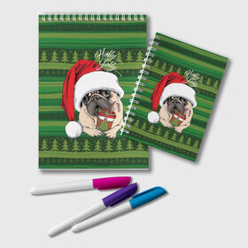 Блокнот с принтом Holly Jolly в Белгороде, 100% бумага | 48 листов, плотность листов — 60 г/м2, плотность картонной обложки — 250 г/м2. Листы скреплены удобной пружинной спиралью. Цвет линий — светло-серый
 | Тематика изображения на принте: animal | breed | christmas | cozy | dog | family | green | holiday | home | new year | pug | red | tree | white | winter | белый | домашний | ёлки | животное | зеленый | зима | красный | мопс | новый год | порода | праздник | рождество | семейный | собака