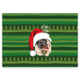 Поздравительная открытка с принтом Holly Jolly в Белгороде, 100% бумага | плотность бумаги 280 г/м2, матовая, на обратной стороне линовка и место для марки
 | Тематика изображения на принте: animal | breed | christmas | cozy | dog | family | green | holiday | home | new year | pug | red | tree | white | winter | белый | домашний | ёлки | животное | зеленый | зима | красный | мопс | новый год | порода | праздник | рождество | семейный | собака