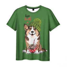 Мужская футболка 3D с принтом Love is sweet в Белгороде, 100% полиэфир | прямой крой, круглый вырез горловины, длина до линии бедер | animal | breed | brown | corgi | cute | dog | funny | green | hat | heart | slogan | text | white | белый | животное | забавный | зеленый | корги | коричневый | милый | пёс | порода | сердце | слоган | собака | текст | шапка