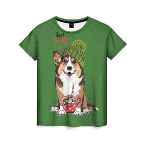 Женская футболка 3D с принтом Love is sweet в Белгороде, 100% полиэфир ( синтетическое хлопкоподобное полотно) | прямой крой, круглый вырез горловины, длина до линии бедер | animal | breed | brown | corgi | cute | dog | funny | green | hat | heart | slogan | text | white | белый | животное | забавный | зеленый | корги | коричневый | милый | пёс | порода | сердце | слоган | собака | текст | шапка
