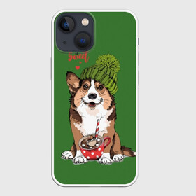Чехол для iPhone 13 mini с принтом Love is sweet в Белгороде,  |  | animal | breed | brown | corgi | cute | dog | funny | green | hat | heart | slogan | text | white | белый | животное | забавный | зеленый | корги | коричневый | милый | пёс | порода | сердце | слоган | собака | текст | шапка