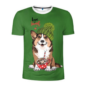 Мужская футболка 3D спортивная с принтом Love is sweet в Белгороде, 100% полиэстер с улучшенными характеристиками | приталенный силуэт, круглая горловина, широкие плечи, сужается к линии бедра | Тематика изображения на принте: animal | breed | brown | corgi | cute | dog | funny | green | hat | heart | slogan | text | white | белый | животное | забавный | зеленый | корги | коричневый | милый | пёс | порода | сердце | слоган | собака | текст | шапка