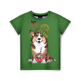 Детская футболка 3D с принтом Love is sweet в Белгороде, 100% гипоаллергенный полиэфир | прямой крой, круглый вырез горловины, длина до линии бедер, чуть спущенное плечо, ткань немного тянется | animal | breed | brown | corgi | cute | dog | funny | green | hat | heart | slogan | text | white | белый | животное | забавный | зеленый | корги | коричневый | милый | пёс | порода | сердце | слоган | собака | текст | шапка