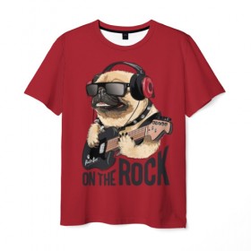 Мужская футболка 3D с принтом On the rock в Белгороде, 100% полиэфир | прямой крой, круглый вырез горловины, длина до линии бедер | animal | black | breed | cool | dog | guitar | headphones | motto | music | pug | red | rock | rock star | slogan | text | гитара | девиз | животное | красный | крутой | мопс | музыка | наушники | очки | порода | рок | рок звезда | слоган | соба