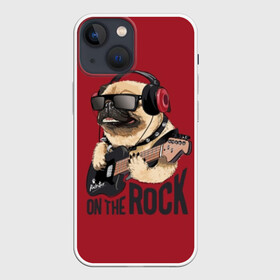 Чехол для iPhone 13 mini с принтом On the rock в Белгороде,  |  | animal | black | breed | cool | dog | guitar | headphones | motto | music | pug | red | rock | rock star | slogan | text | гитара | девиз | животное | красный | крутой | мопс | музыка | наушники | очки | порода | рок | рок звезда | слоган | соба
