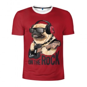 Мужская футболка 3D спортивная с принтом On the rock в Белгороде, 100% полиэстер с улучшенными характеристиками | приталенный силуэт, круглая горловина, широкие плечи, сужается к линии бедра | animal | black | breed | cool | dog | guitar | headphones | motto | music | pug | red | rock | rock star | slogan | text | гитара | девиз | животное | красный | крутой | мопс | музыка | наушники | очки | порода | рок | рок звезда | слоган | соба