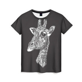 Женская футболка 3D с принтом Жираф в Белгороде, 100% полиэфир ( синтетическое хлопкоподобное полотно) | прямой крой, круглый вырез горловины, длина до линии бедер | animal | black | drawing | ethnic | eyes | giraffe | look | muzzle | pattern | safari | white | zendudl | белый | взгляд | глаза | животное | жираф | зендудл | рисунок | сафари | узор | черный | этнический