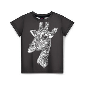 Детская футболка 3D с принтом Жираф в Белгороде, 100% гипоаллергенный полиэфир | прямой крой, круглый вырез горловины, длина до линии бедер, чуть спущенное плечо, ткань немного тянется | Тематика изображения на принте: animal | black | drawing | ethnic | eyes | giraffe | look | muzzle | pattern | safari | white | zendudl | белый | взгляд | глаза | животное | жираф | зендудл | рисунок | сафари | узор | черный | этнический