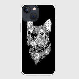 Чехол для iPhone 13 mini с принтом Бульдог в Белгороде,  |  | animal | black | bone | breed | bulldog | collar | dog | drawing | ethnic | eyes | look | muzzle | pattern | white | zendudl | белый | бульдог | взгляд | глаза | животное | зендудл | кость | ошейник | пёс | порода | рисунок | собака | узор | черны