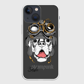 Чехол для iPhone 13 mini с принтом Steampunk Style в Белгороде,  |  | animal | boxer | breed | dog | gray | headset | muzzle | steampunk | style | tank | white | yellow | белый | боксёр | желтый | животное | очки | порода | серый | собака | стиль | стимпанк | танковый | шлемофон