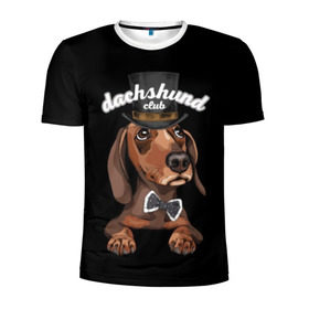 Мужская футболка 3D спортивная с принтом Такса в цилиндре в Белгороде, 100% полиэстер с улучшенными характеристиками | приталенный силуэт, круглая горловина, широкие плечи, сужается к линии бедра | Тематика изображения на принте: animal | black | bowtie | breed | brown | cool | cylinder | dachshund | dog | gentleman | muzzle | white | белый | галстук  бабочка | джентльмен | животное | коричневый | порода | прикольный | собака | такса | цилиндр | черный
