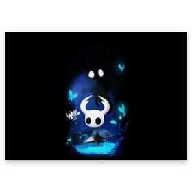 Поздравительная открытка с принтом Hollow Knight в Белгороде, 100% бумага | плотность бумаги 280 г/м2, матовая, на обратной стороне линовка и место для марки
 | Тематика изображения на принте: hollow knight | детская | для детей | игра | компьютерная игра | королевство | рыцарь | темный рыцарь | холлов кнайт | экшен