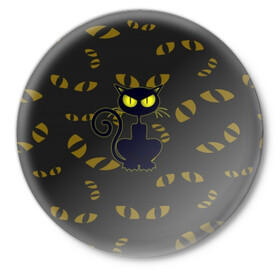 Значок с принтом Смотрящий  кот в Белгороде,  металл | круглая форма, металлическая застежка в виде булавки | Тематика изображения на принте: 3d | абстракция | анимация | глаза | желтые | смотрящий  кот | черный